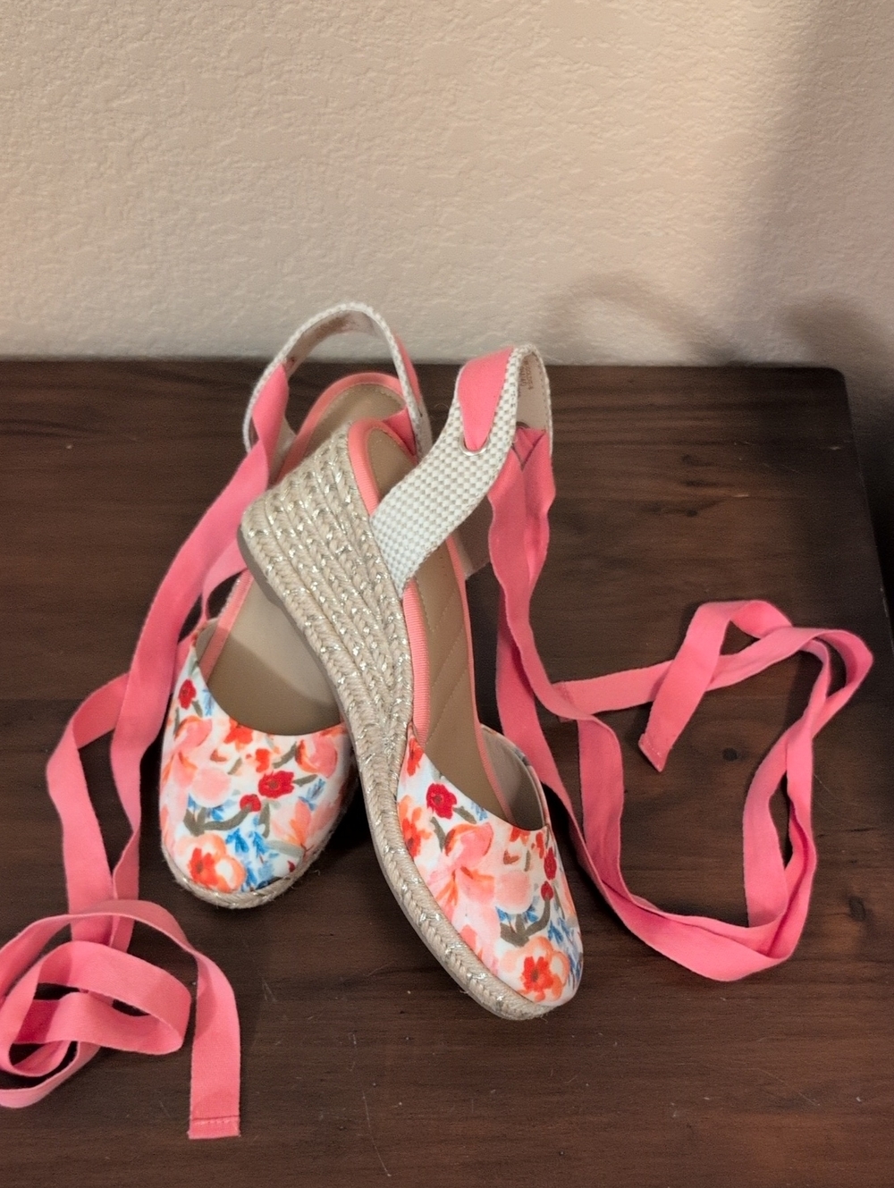 Floral Espadrille Wedges with Pink Ties